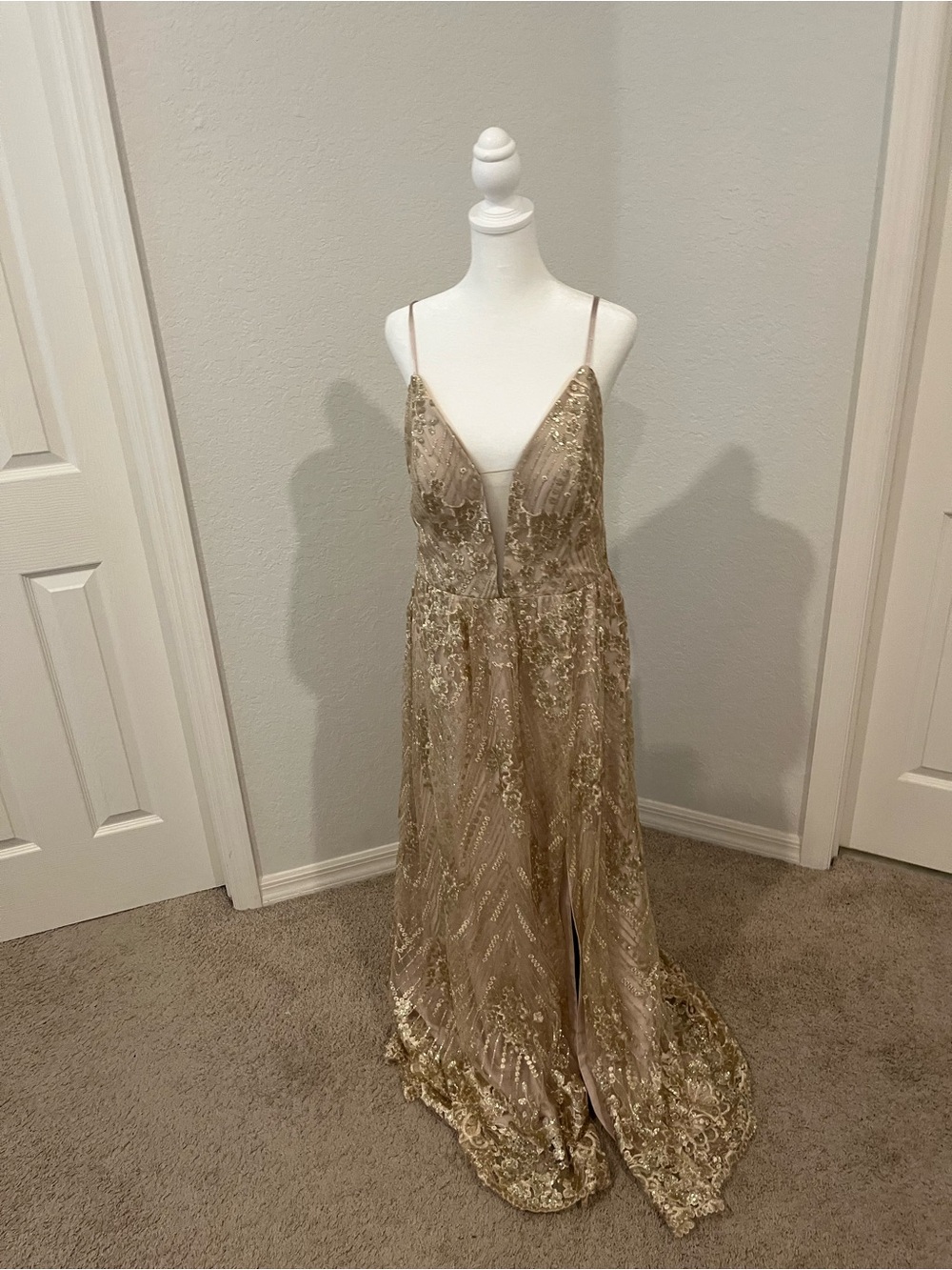 Gold Sequin Plunge Spaghetti-Strap Wedding Gown